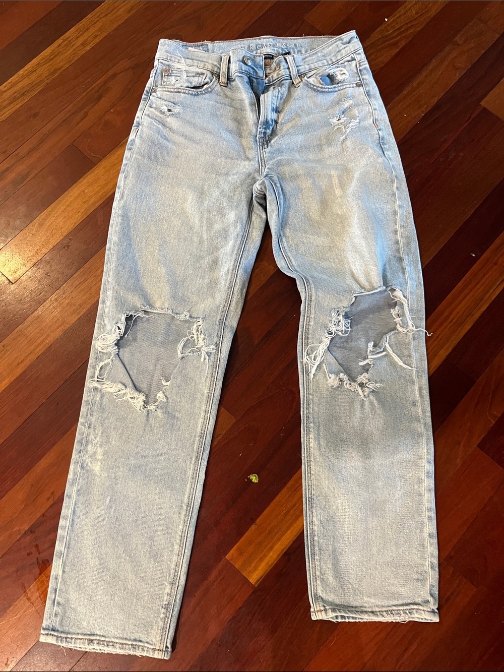 American Eagle Outfitters Light Blue Straight Jeans with Knee Rips